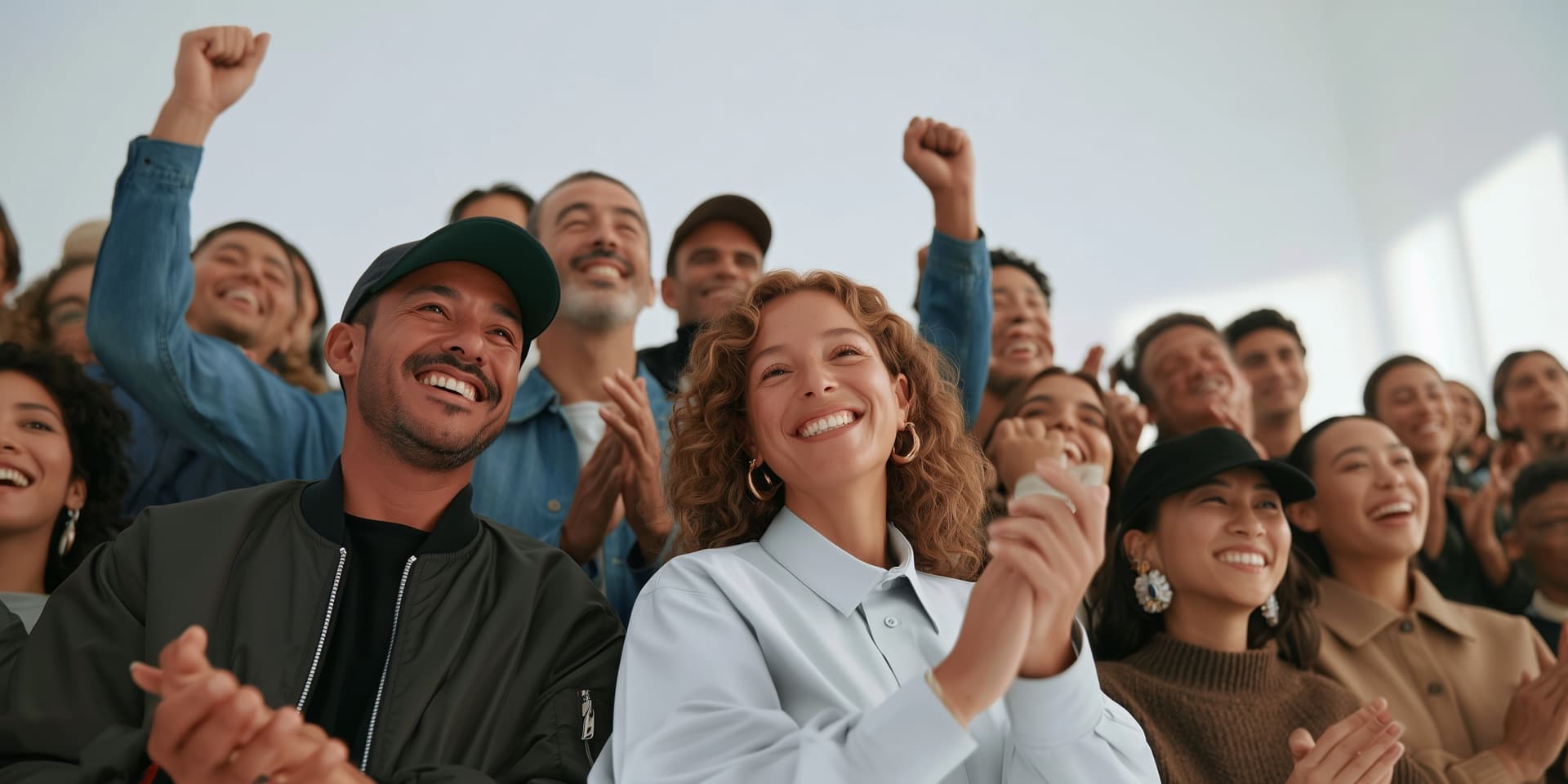 Large diverse group of joyful professionals celebrating together